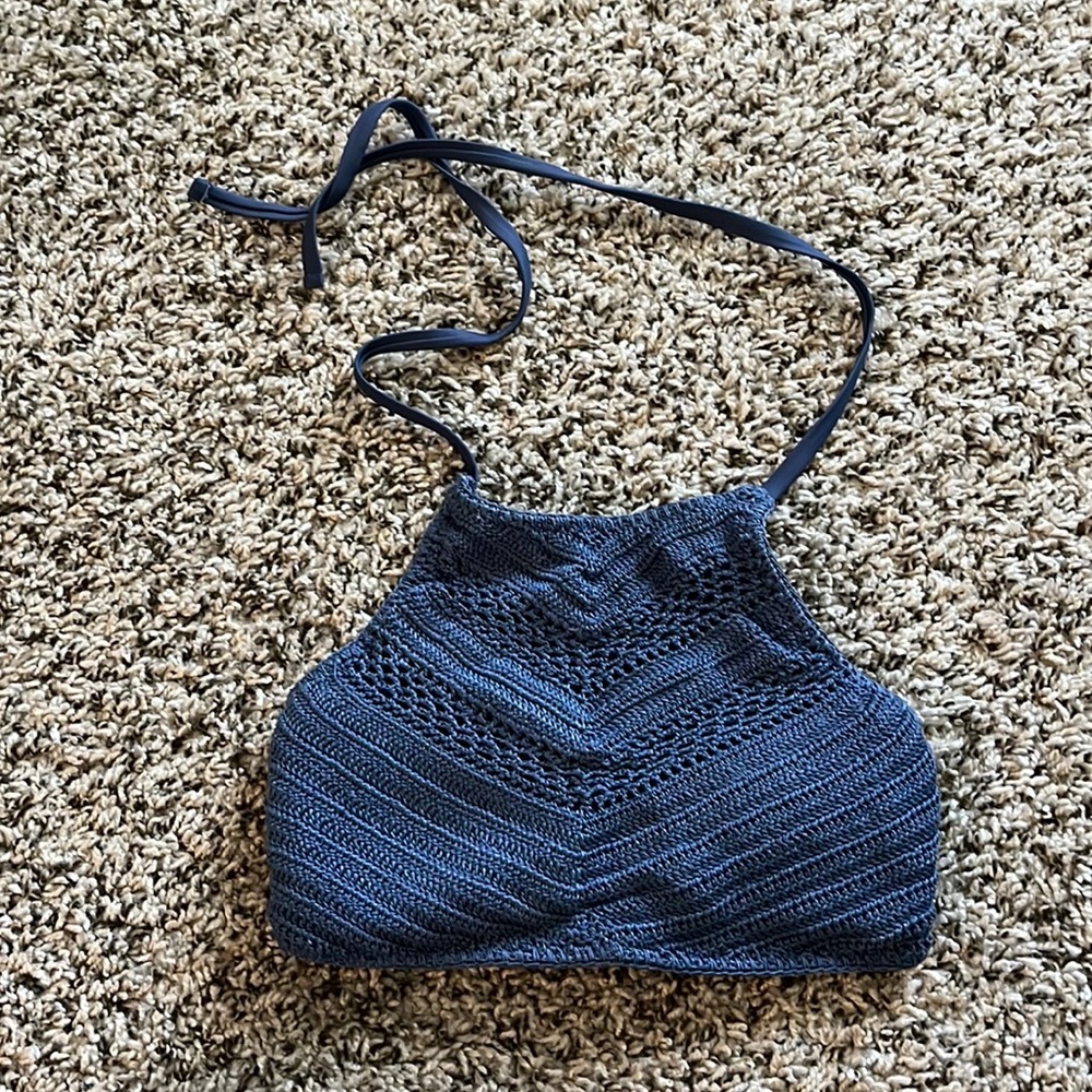 Blue crochet halter bikini top